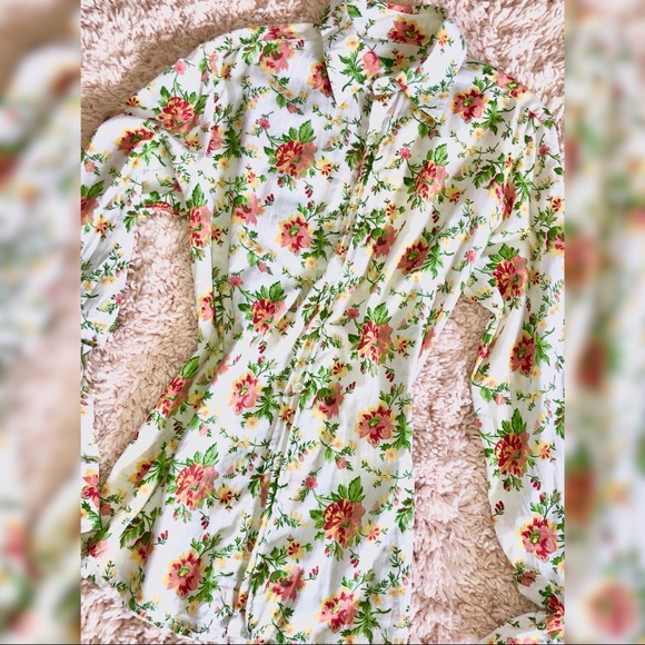 Benetton White Floral Oxford Shirt Top Size: M - Picture 6 of 7